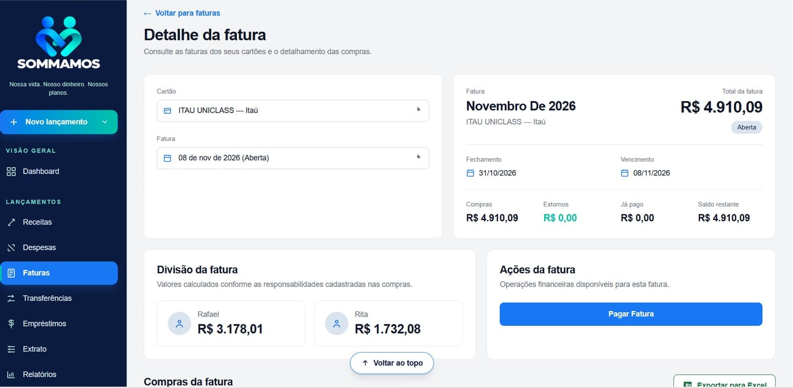 Detalhe de uma fatura com divisão de valores entre o casal